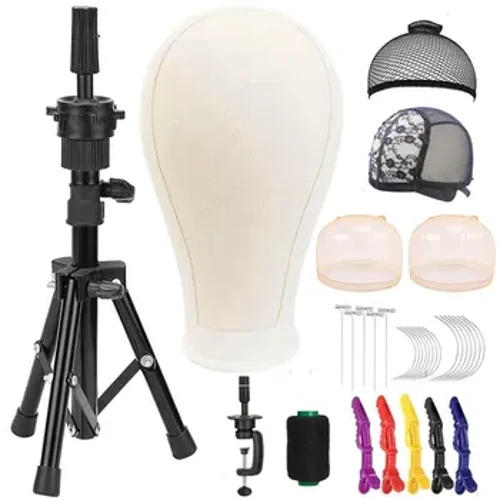 21-24Inch Wig Stand Tripod me ke poʻo, Canvas Wig Head No Wig e hana ana i ka hōʻike ʻana, Mannequin Head Set me Wig Caps