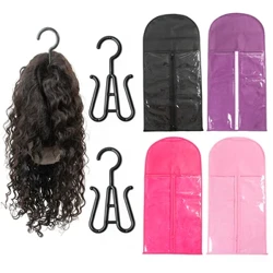 Sacos de armazenamento de peruca com cabide de plástico saco de armazenamento de extensões de cabelo com cabide para perucas de renda suporte de extensão de cabelo rosa preto