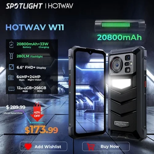 [Pasaules pirmizrāde] HOTWAV W11 izturīgais tālrunis 20800mAh 280LM zibspuldze 6,6 collu FHD+ viedtālrunis 33W 24MP nakts redzamības mobilais tālrunis