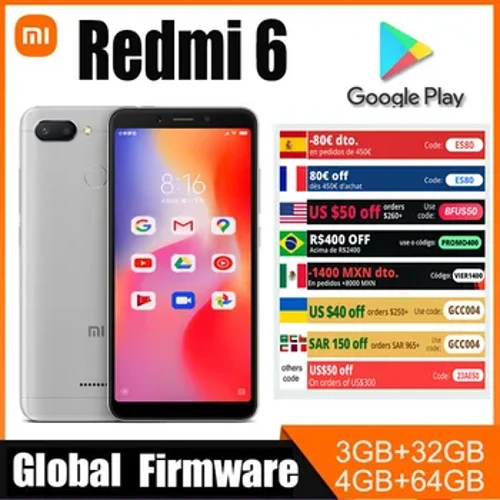 Xiaomi Redmi 6 Smartphone googleplay Cellulare 5.45" Schermo intero AI Face ing