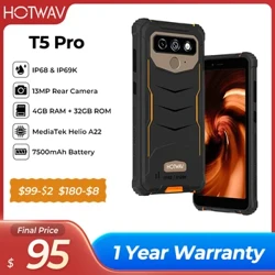 Трывалы смартфон HOTWAV T5 Pro, АС Android 12, 4G, 7500 мАг, вялікі акумулятар, MTK6761, 6,0-цалевы экран, 4 ГБ, 32 ГБ, 13 МП, галоўная камера