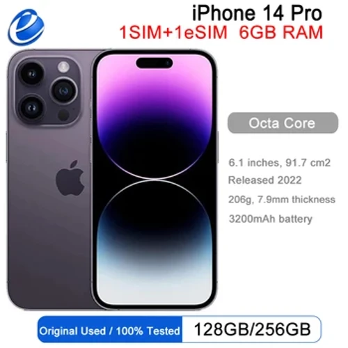Apple iPhone 14 Pro 128/256 / 512GB ROM 6GB RAM 1SIM + 1eSIM Asyl 6.1 "OLED Face ID NFC 5G 98% täze smartfon açyldy