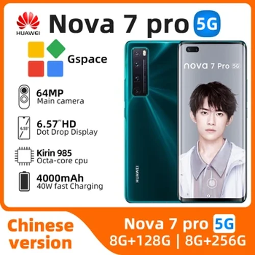 Gwreiddiol HuaWei Nova 7 Pro 5G SmartPhone Kirin 985 8GB RAM 128GB 256GB ROM 4000mAh 64.0MP Prif Camera NFC ffôn a ddefnyddir