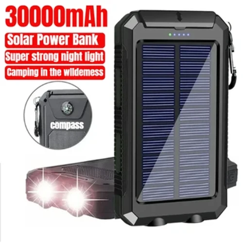 Banc pŵer solar 30000mAh Codi Tâl Cyflym Batri Allanol 2USB Flashlight Cyflenwad Pŵer Symudol Awyr Agored ar gyfer Xiaomi IPhone Samsung