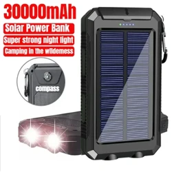 Banc pŵer solar 30000mAh Codi Tâl Cyflym Batri Allanol 2USB Flashlight Cyflenwad Pŵer Symudol Awyr Agored ar gyfer Xiaomi IPhone Samsung
