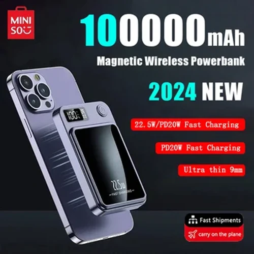 Miniso 2024 Täze 100000mAh Simsiz Power Bank Magnetic Qi Göçme Powerbank Type C Mini çalt zarýad beriji iPhone Samsung MaCsafe