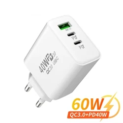 PD 60W Cepat Pengisian USB Charger 3 Port EU/US Plug Dinding Charger Adaptor untuk iPhone 14 13 Xiaomi Huawei Samsung USB C pengisi Daya Telepon