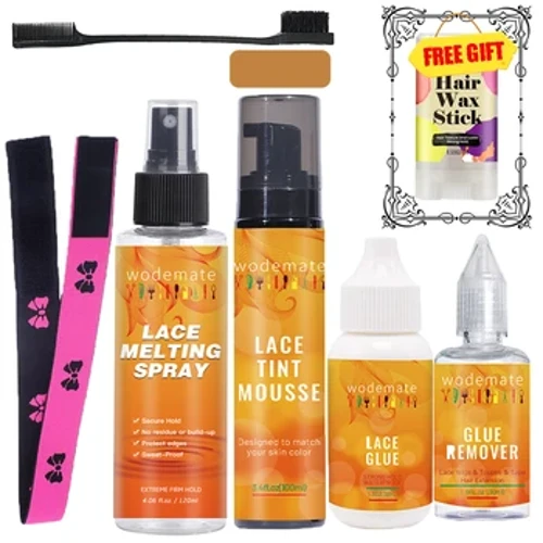 Cola de cabelo para peruca de renda, adesivo à prova d'água, cola de ligação invisível + spray de coloração de renda para perucas, marrom claro + spray de melitização de renda