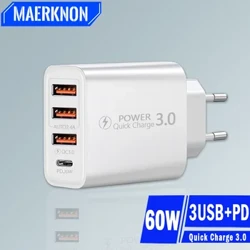 60W USB zarýad beriji çalt zarýad berýän jübi telefony zarýad adapteri çalt zarýad 3.0 iPhone üçin diwar zarýad beriji adapter Samsung Xiaomi Huawei