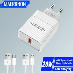 20W USB 충전기 빠른 충전 휴대 전화 충전기 어댑터 QC 3.0 화웨이 삼성 마이크로 USB 케이블 빠른 충전 충전기 플러그