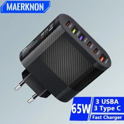 65W USB Charger 6 port PD Typ C Rýchle nabíjanie adaptéra pre iPhone 13 14 15 Samsung Xiaomi Huawei Mobile Phone Wall Wall Rýchle nabíjačka