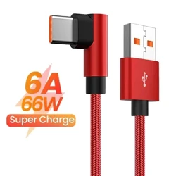 Cebl Codi Tâl Cyflym USB 6A 66W Math C ar gyfer Huawei Xiaomi 14 Redmi Honor OPPO Realme POCO 90 Gradd Cebl gwefrydd penelin ar gyfer hapchwarae