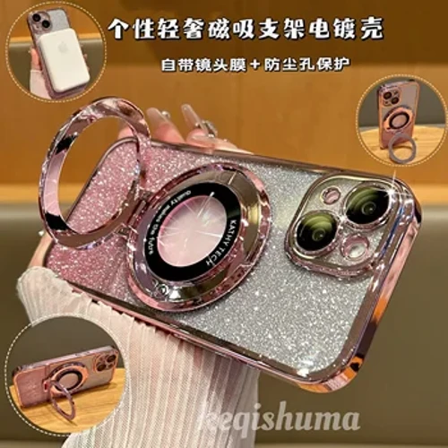 Magsafe – coque de chargement sans fil de luxe, étui Transparent avec support d'anneau magnétique à paillettes pour iPhone 11 12 13 14 15 Pro Max Plus Xs
