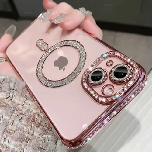 Achos Moethus Diemwnt Crisial Clir Ar gyfer iPhone 15 11 12 13 14 Pro Max Plus Bling Clawr Codi Tâl Di-wifr Magnetig Sparkly Magsafe