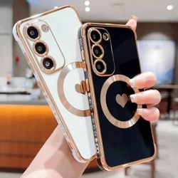 Cariad Calon Plating Achos Ffôn Magnetig Ar gyfer Samsung Galaxy S24 S23 S22 S21 Ultra Plus S20 FE Shockproof Ar gyfer Clawr Cefn Magsafe