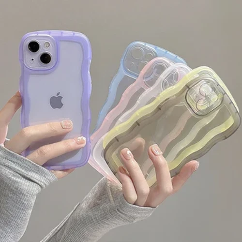 til iPhone 15 14 13 12 11 Pro Max Mini XS SE 7 8 Plus etui Cute Transparent Curly Wave Hybrid Shockproof Bumper Cover Soft Funda