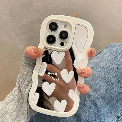 Hàn Quốc Trái Tim Màu Trắng Đáng Yêu Gương Trang Điểm Dành Cho iPhone 14 15 Pro Max 13 11 12 14 Plus XS X XR Bìa Mềm Chống Sốc