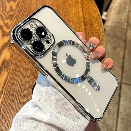 Luksuslik juhtmevaba laadimisega Magsafe'i telefoniümbris iPhone'i 15 14 13 12 11 Pro Max Plus jaoks läbipaistev magnetiline elektriplaadist kaitseraua kate