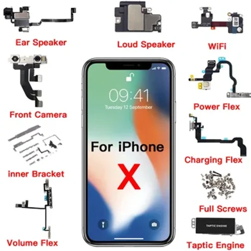 Peças internas para iphone x charing dock câmera frontal alto-falante cabo flexível interruptor de volume de energia motor taptic todos os parafusos suporte