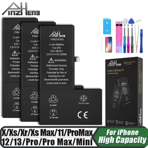 I-PINZHENG Ibhethri Le-iPhone X XR XS 11 12 13 Mini Max Pro Promax High Capacity Replacement Bateria Warranty Year One With Tools