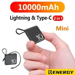 Mini Power Bank 10000mAh kaasaskantav väline aku, sisseehitatud kaabel Powerbanks varuakud iPhone14 Samsung Xiaomiung jaoks