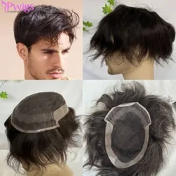 Pwigs 9x7 Base Gréisst Spëtzekleeder Front mat PU ronderëm Toupee 100% Mënsch Hairpiece Spëtzekleeder mat Pu Dark Brown 2 # Hoer System Ersatz