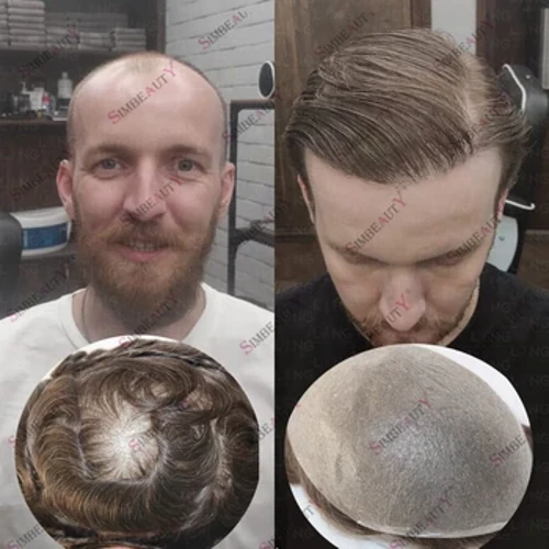 Natural na Linya ng Buhok 0.02mm Super Manipis na Base ng Balat Toupee ng Lalaki 80~90% Density Gray Lalaki Buhok ng Tao Capillary Prosthesis System Wig