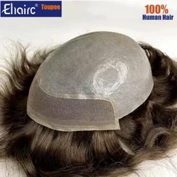 Bio-vīriešu matu protēze franču mežģīņu priekšpuse ar vieglu mezglu, izturīga āda mugurā, toupee vīriešiem 100% cilvēka matu sistēma