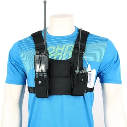 Nylon bi norabideko irrati-zorroa Bularraren aurrealdeko poltsikoa Walkie Talkie arnesa txaleko poltsa euskarria Garraio-zorroa Baofeng UV-5R UV-82 irratirako