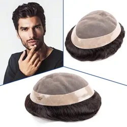Toupee Mono Erkak Peru 100% Inson Sochi Bardoshli Erkak Soch Protezi Erkaklar 6 "Sochni almashtirish Nafas olish tizimi Erkaklar uchun