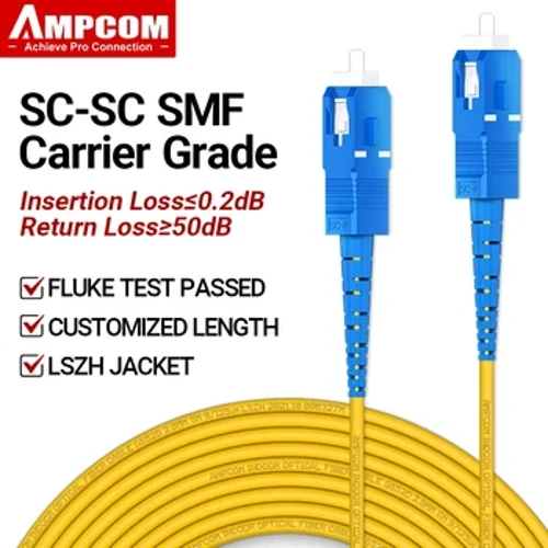 AMPCOM SC към SC UPC оптичен превключващ кабел, едномодов симплексен SMF 9/125μm, едномодов, нечувствителен на огъване 2,0 мм оптичен кабел