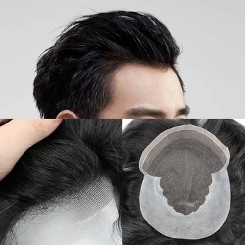 Système de remplacement de cheveux pour hommes, pièce de cheveux humains européens, système capillaire en dentelle suisse, nœud blanchi, ligne de cheveux naturelle