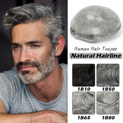 Vīriešu toupee cilvēka matu pelēks 0,06 mm V cilpas āda PU cilvēka Remy matu protēze parūka pilna āda PU matu rotājums vīriešiem toupee matu sistēma