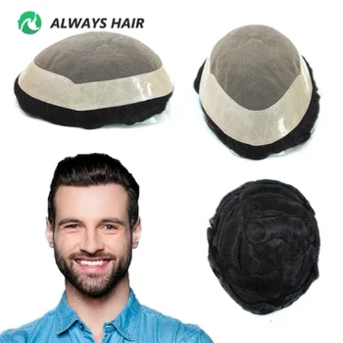 Çydamly Mono Erkek Saç Protezi 6 "Hindi Adam Saç Toupee Erkekler üçin 130% Saç Denstiý Tebigy Parik