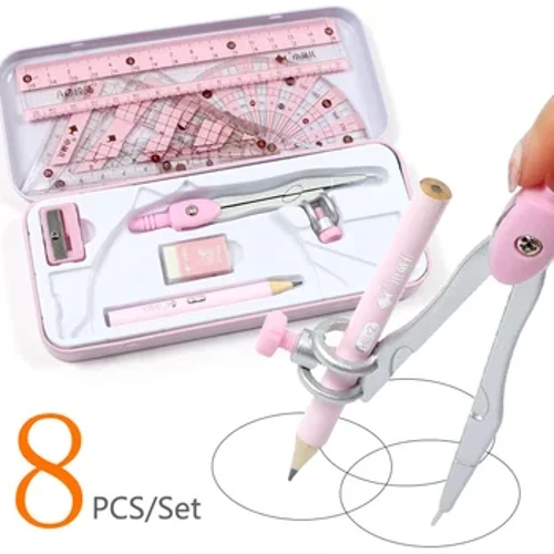 8Pcs/Socr Ruler Compás Set Pencil Pinn luaidhe Céimseata Matamaitic Líníocht Mac Léinn Stáiseanóireacht Matamaitice do Chailín Bronntanas Buachaill Soláthairtí Scoile Kawaii