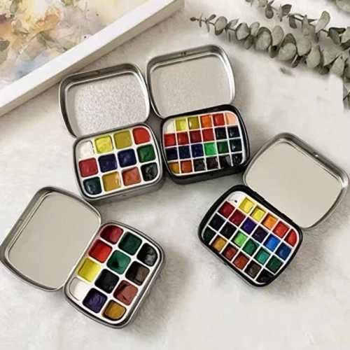 12/24 Grid Mini Cat Air Cat Palet dengan Tutup Perjalanan Portabel Kosong Cat Air Kotak Timah Lukisan Logam Tray Perlengkapan