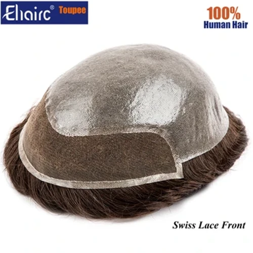 BIO-Ikuezina Gizonezko ile-protesia Suitzako Parpaila Aurrealdeko Gizonezkoen Ile-protesia, Toupee Gizonak Korapilo Iraunkorreko Azala Atzealdean 6" Gizonezkoen ileordea