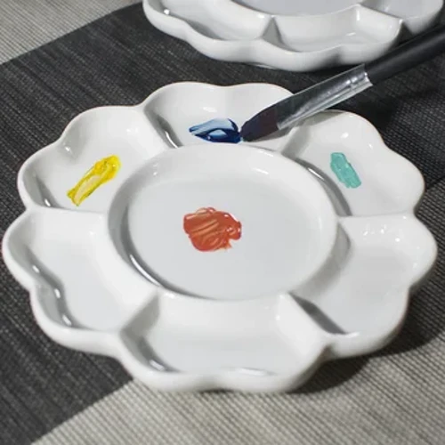 Tavolozza di colori in ceramica bianca per porcellana Pittura ad acquerello Tavolozza di pigmenti a guazzo Pennelli Piatto per inchiostro Vassoio per acquerello