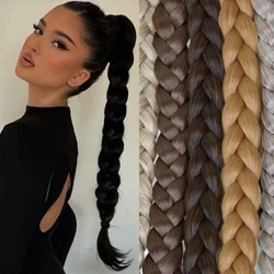 34 Inci Sintetis Panjang Dikepang Ekor Kuda Rambut Ekstensi untuk Wanita Hitam Coklat Ekor Kuda dengan Tali Rambut Serat Suhu Tinggi