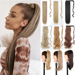 Extensions synthétiques queue de cheval longues et lisses, postiche résistante à la chaleur, postiche enroulée autour de poney pour femmes, 22 à 34 pouces