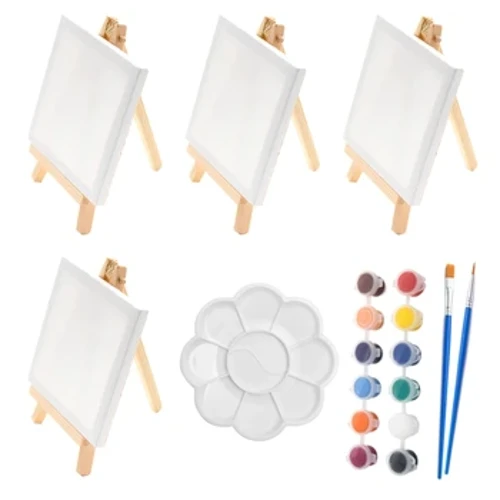 23 Pcs Mini Adhmaid Péinteáil Easel Canbhás Socraigh Péint Líníochta Aicrileach do Pháistí