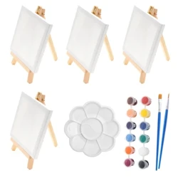 23 Pcs Mini Adhmaid Péinteáil Easel Canbhás Socraigh Péint Líníochta Aicrileach do Pháistí