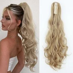 Extension capillaire synthétique ondulée longue de 24 pouces, postiche à pince blonde, queue de cheval pour femmes