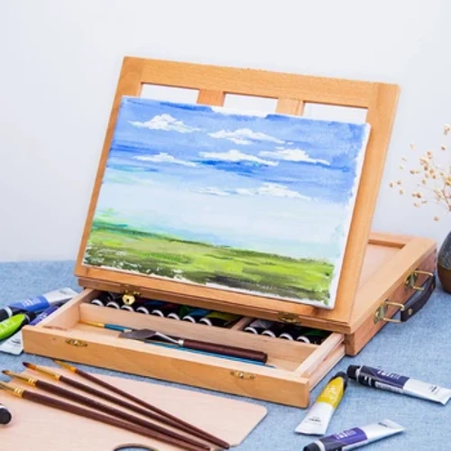 Easels Bwrdd pren Cludadwy ar gyfer Peintio Artist Plant Braslun Drawer Blwch Gliniadur Penbwrdd Affeithwyr Cês Paent Cyflenwadau Celf