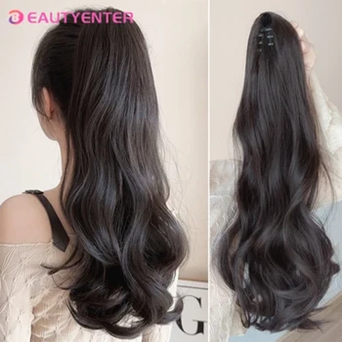 BEAUTYENTER Band Gwallt Cyrliog Hir Synthetig Gyda Clip Cydio Wig Ponytail Gwallt Cyrliog Anwir Ponytail Gwallt blewog Gellir ei blethu
