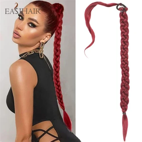 Kepang Tinju Sintetis Ekor Kuda Dikepang Panjang Ekor Kuda Rambut Ekstensi untuk Wanita Anggur Merah Bungkus Ekor Kuda dengan Ikat Rambut 32In