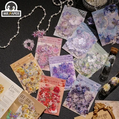 Mr. Paper 40 pezzi/pacco Confezione di adesivi con inchiostro bianco a forma speciale di fiori retrò leggeri Confezione di adesivi per decorazioni per manuali in PET Articoli di cancelleria