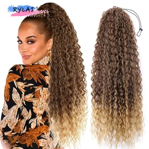 Estyniadau Merlod Cyrliog Hir Cynffonnau Ceffylau Synthetig Cynffon Ffug Cyrliog Ar Gyfer Merched Estyniadau Gwallt Ponytail Hairpiece 32 Fodfedd