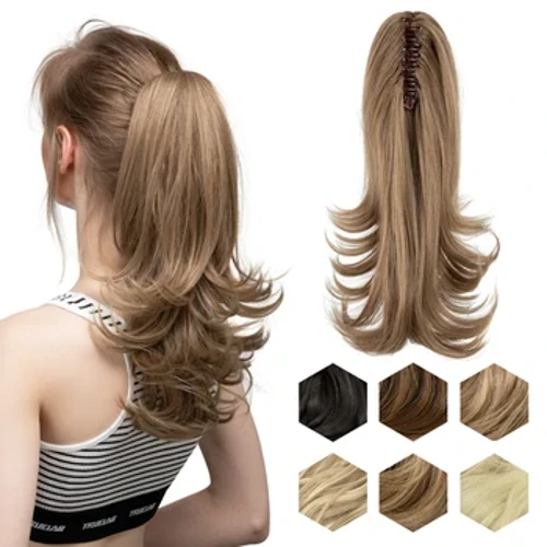 Extensii de păr cu gheare sintetică în coadă de cal Postă 14" Păr blond fals ondulat coadă falsă cu bandă elastică coadă de cal
