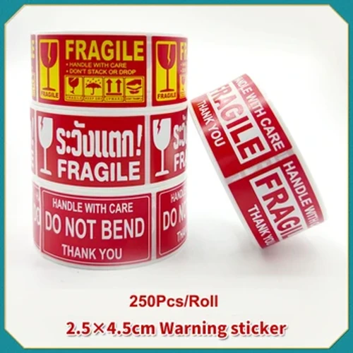 Stiker Peringatan Rapuh 250PCS/Roll Label Pengiriman Stiker untuk Pengiriman Kaca Label Peringatan Produk Perekat Kertas Mini